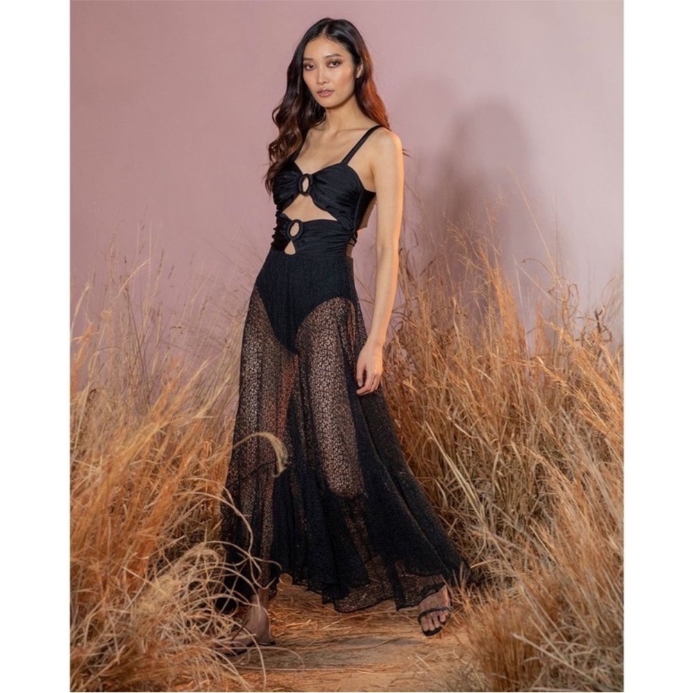 PatBO Sleeveless Lace Cutout Maxi Dress Black Sheer Handkerchief Medium NWT